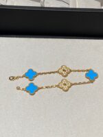 [Eternal Jewelry]CLOVER 5 MOTIF BLUE CHALCEDONY DIAMOND GOLD BRACELET - Image 4