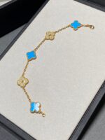 [Eternal Jewelry]CLOVER 5 MOTIF BLUE CHALCEDONY DIAMOND GOLD BRACELET - Image 5