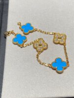 [Eternal Jewelry]CLOVER 5 MOTIF BLUE CHALCEDONY DIAMOND GOLD BRACELET - Image 10