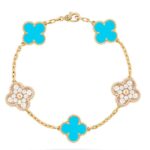 [Eternal Jewelry]CLOVER 5 MOTIF TURQUOISE DIAMOND GOLD BRACELET - Image 2